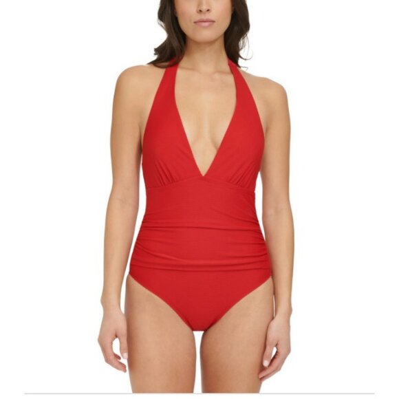 Tommy Hilfiger One Piece Ribbed Halter Neck Swimuit Scarlet Size 10 - Picture 1 of 9